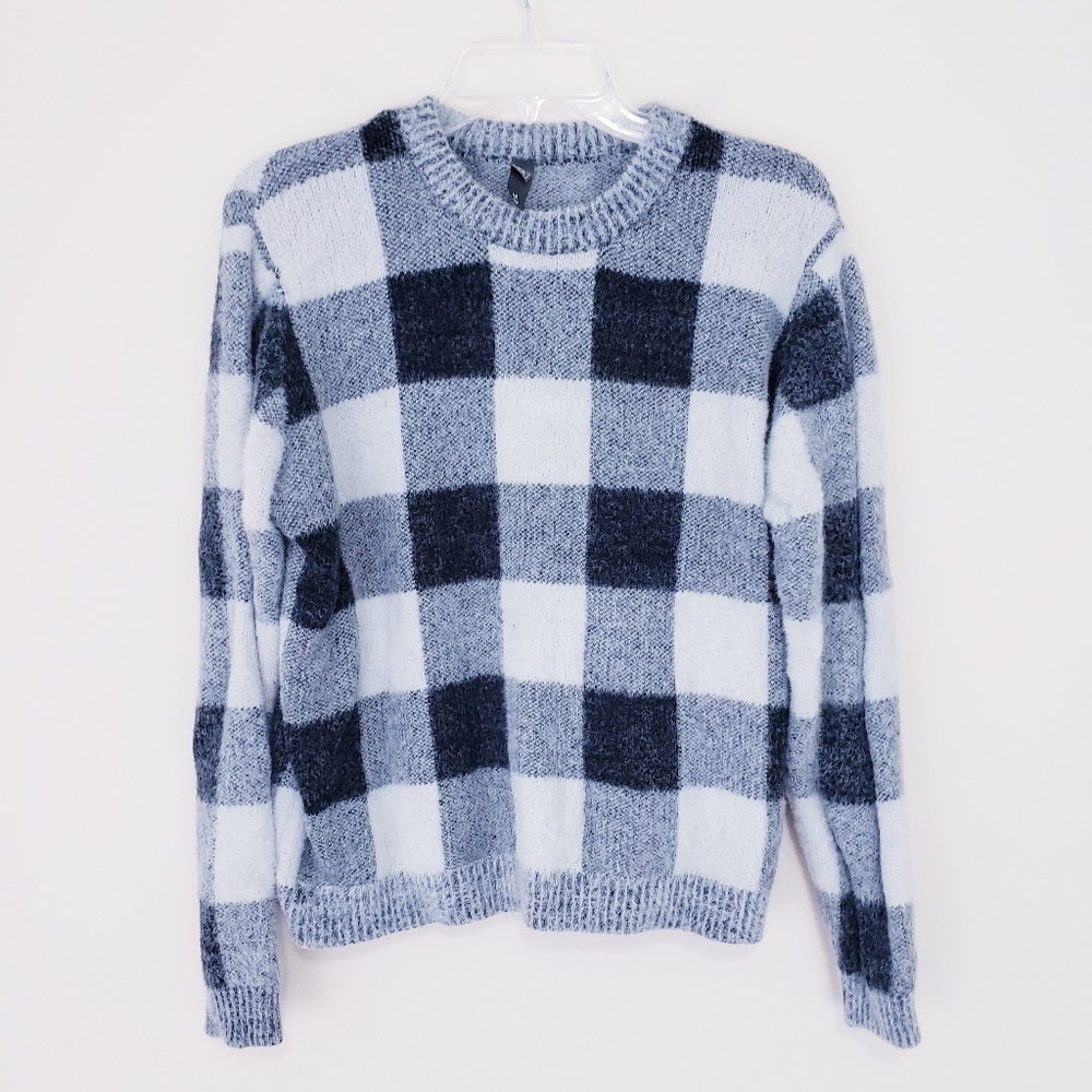 Alya Fuzzy Gray Black Plaid Check Sweater  Size Medium Mohair